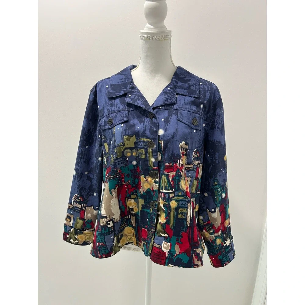 Christopher & Banks Blue Cityscape Print Cotton Button Front Jacket Womens XL
